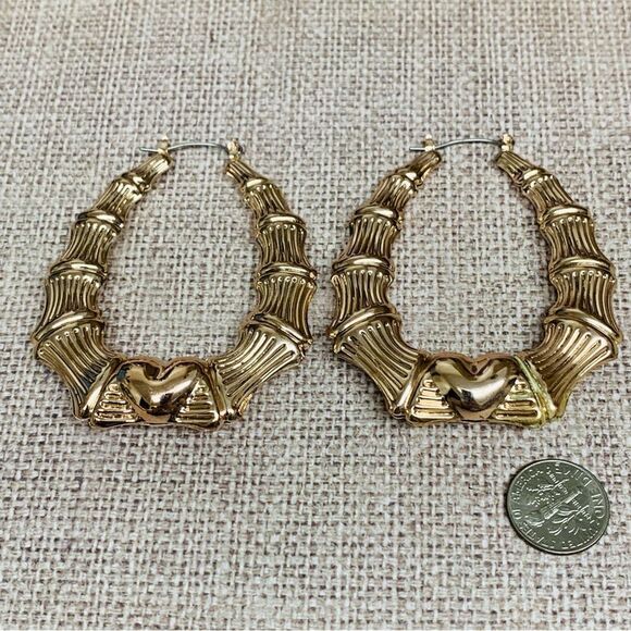 Rose Gold Large Hollow Bamboo Heart Hoop Earrings - Picture 1 of 2